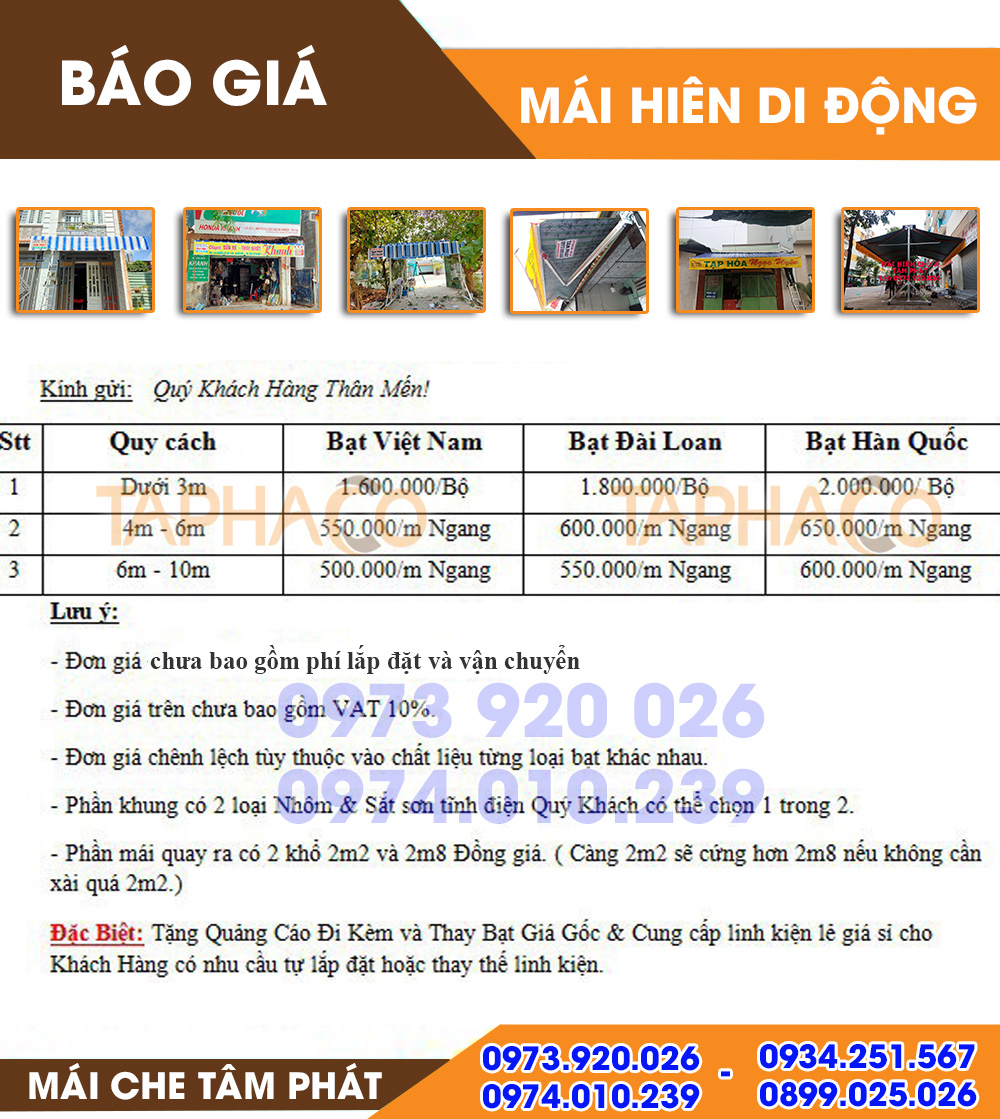 báo giá làm mái hiên di động