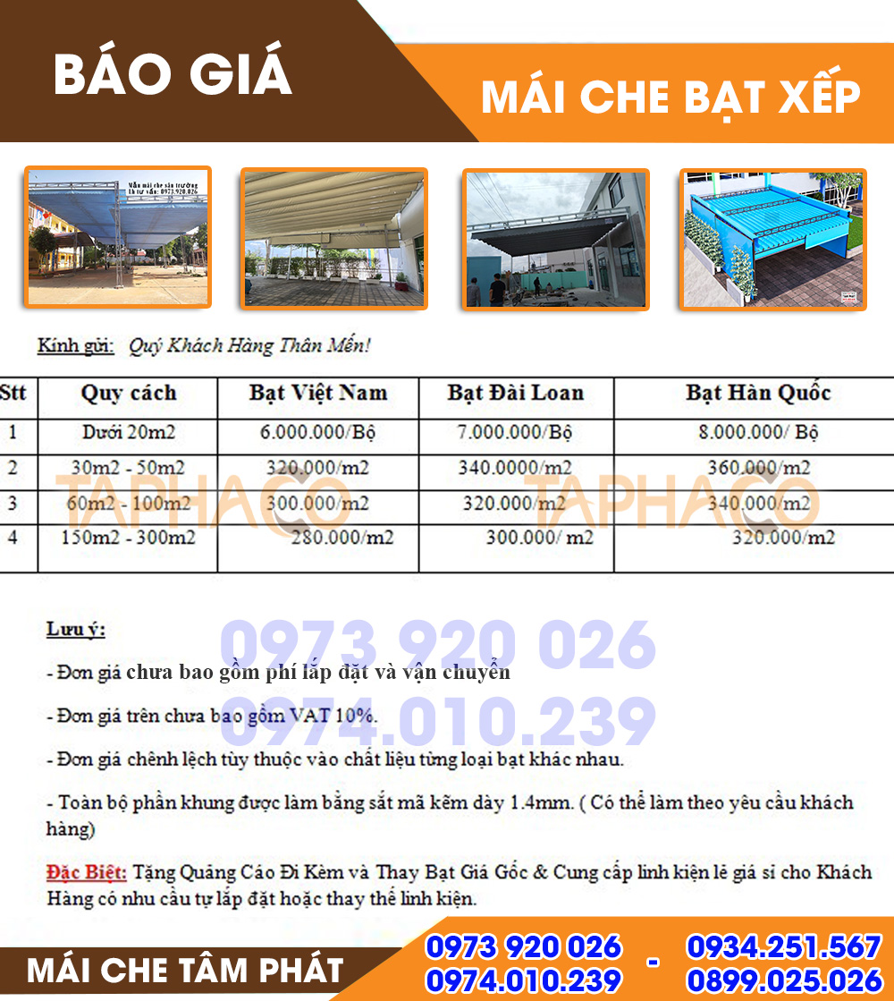 Bảng giá mái che bạt xếp lượn sóng